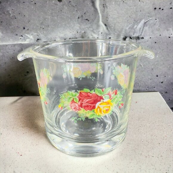 Royal Albert Old Country Rose Clear Glass Ice Bucket Container With Handles VTG - Picture 1 of 14